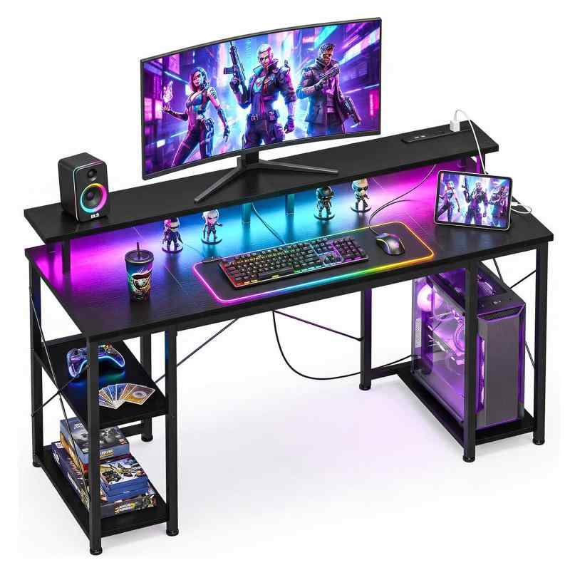 AODK ゲーミングデスク パソコンデスク コンセント&LED付き 机 pcデスク 幅140/160cm 両側ラック&モニター台付き 勉強机 ゲームデスク computer desk ワークデスク オフィスデスク 長机 左右入