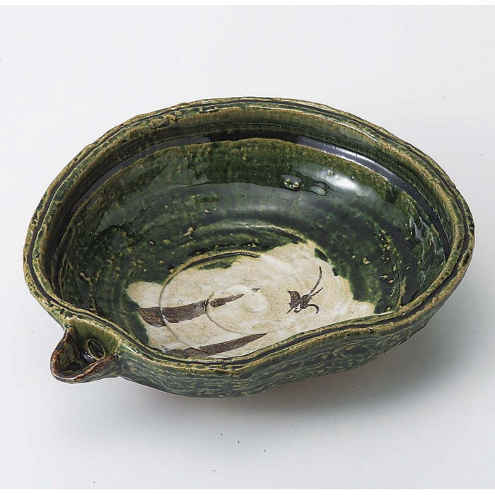 お値下げしました。美濃焼織部　手付き鉢 楽天市場】美濃焼 手描き織部間取花片口大鉢【24.5x21cm】【Bowl