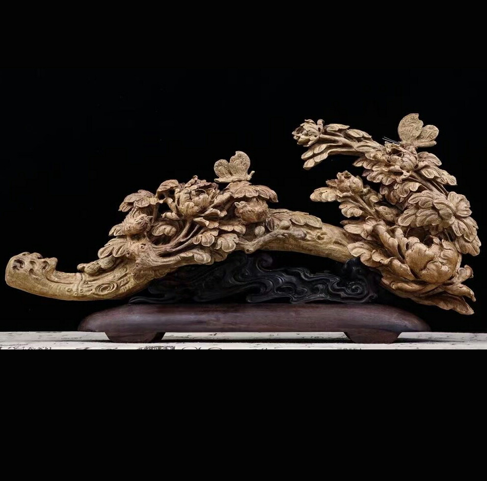 天然沈香木彫 牡丹花 珍品 コレクション 室内飾り 彫刻工芸品 置物 手作り意匠 美術品 精密雕刻 極上品 L 45cm Psicologosancora Es
