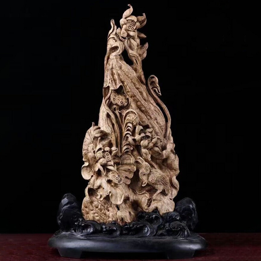 天然沈香木彫 蓮華 珍品 コレクション 室内飾り 彫刻工芸品 置物 手作り意匠 美術品 精密雕刻 極上品 H 61cm Bouncesociety Com