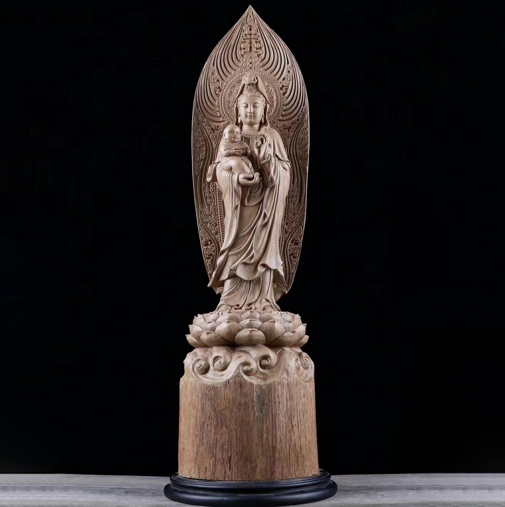 仏像 仏教美術  坐蓮観音菩薩仏像  木雕刻品 木彫り仏像 職人手作り 持蓮観音像 観音菩薩座像 仏像 佛像 ＊香樟木 精密彫 彫刻 仏教
