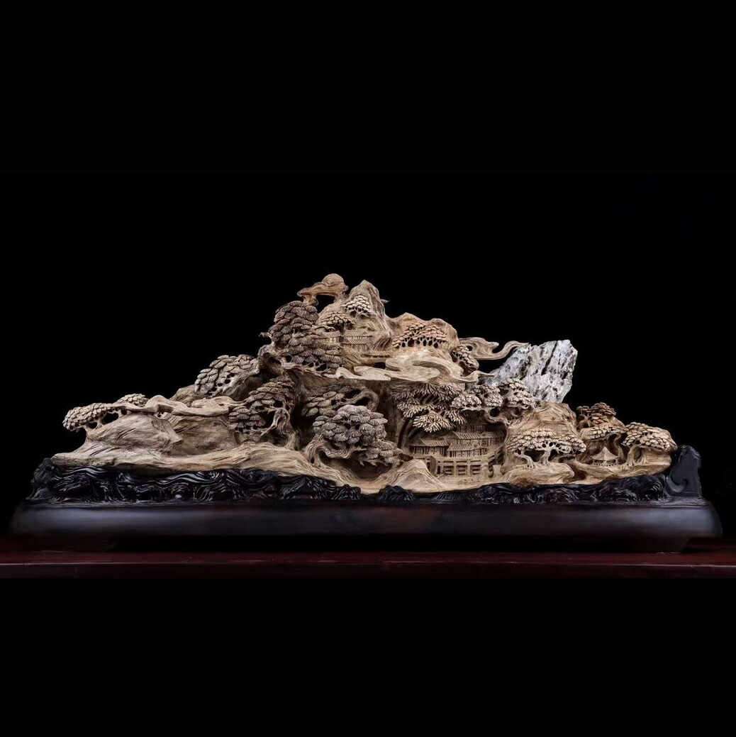 天然沈香木彫 桃源郷 珍品 コレクション 室内飾り 彫刻工芸品 置物 手作り意匠 美術品 精密雕刻 極上品 大 L 87cm Sermus Es