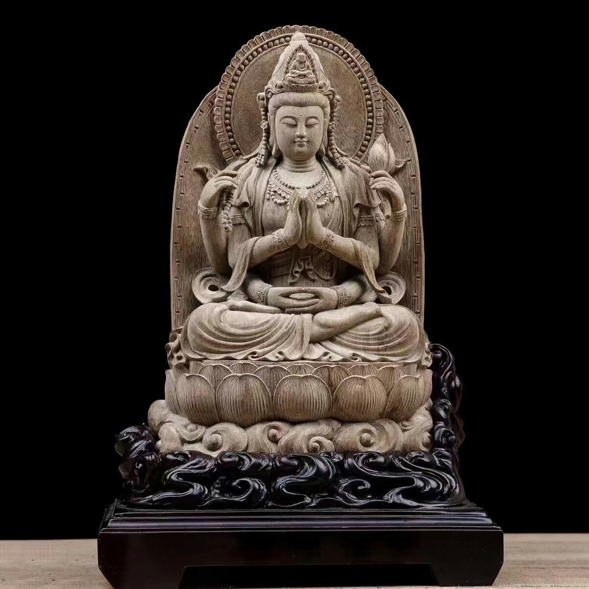【天然沈香木彫】六腕観音菩薩座像 仏教美術 仏像 仏教工芸品 沈香 木彫り お寺、オーダー コレクション 職人手作り 美術品 彫刻工芸品 置物 高さ:34CM|雑貨屋 なな 店