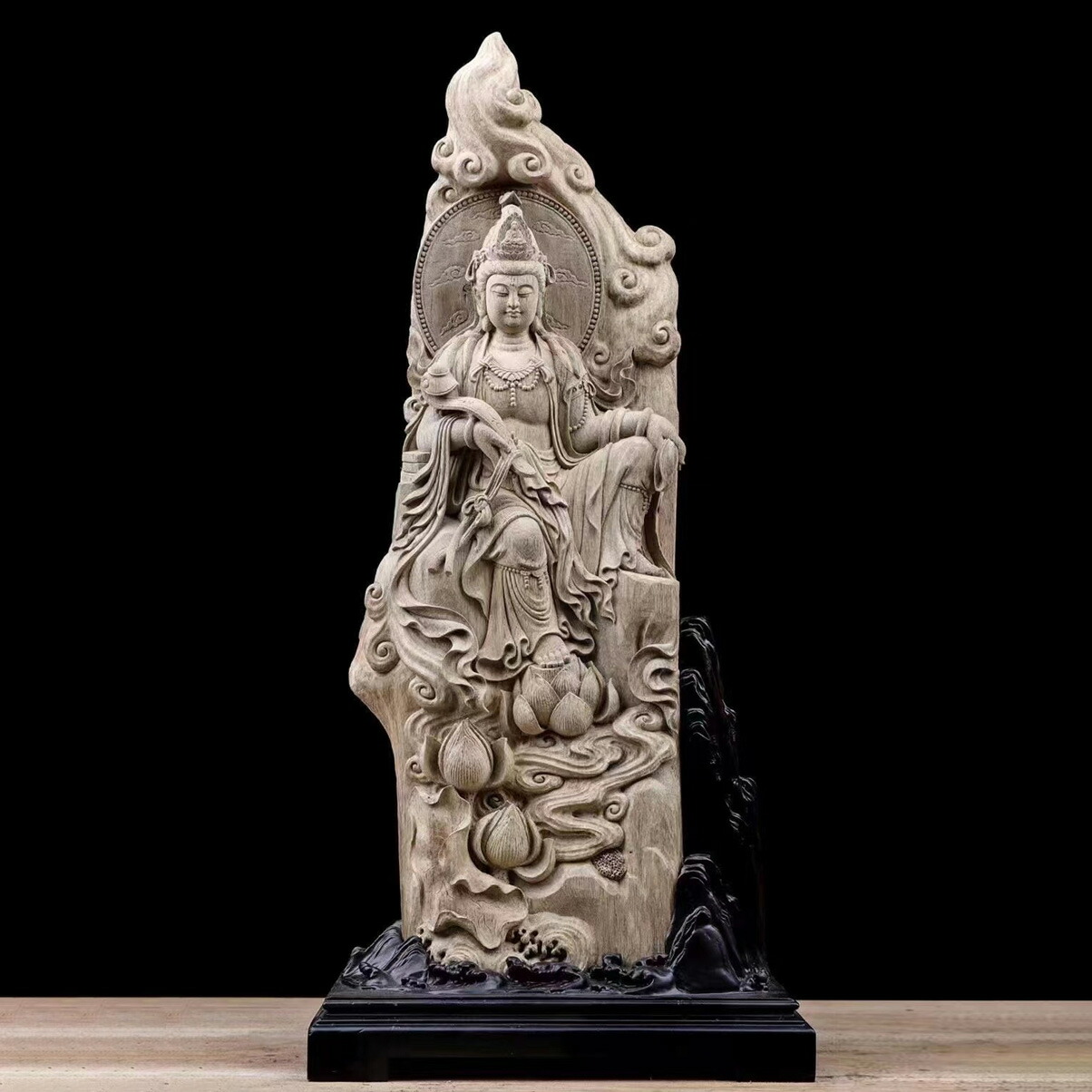 仏教美術　香木　白檀彫刻　両面彫　観音菩薩像　仏像　根付　置物　N　5398 仏教美術 香木 白檀彫刻 両面彫 観音菩薩像 仏像 根付 置物 N 5398