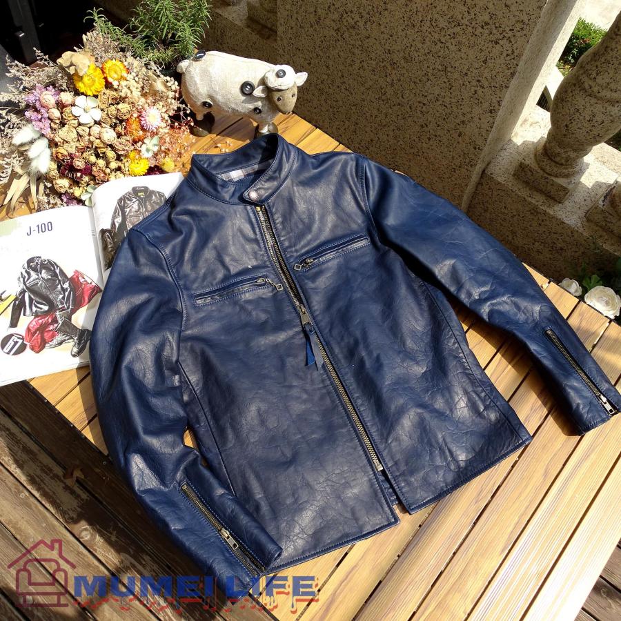 一般受け新作★ 牛皮 三塁ベース手合い Gジャン ライダース なめし革上衣 ネイビーブルー 馬革 XL-M-S