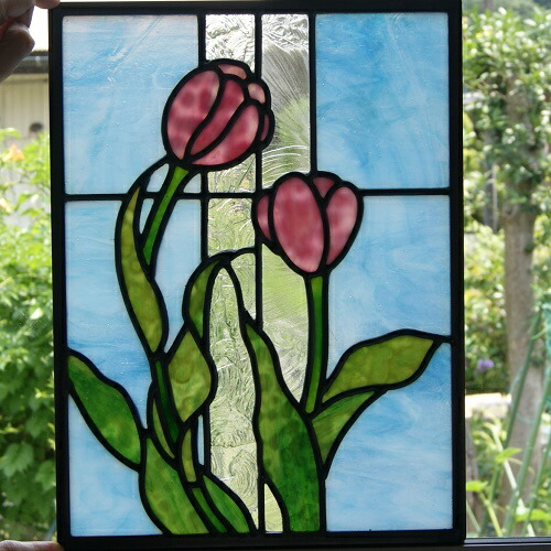 楽天市場】ステンドグラス 建物パネル・鉛線方式（赤いチューリップ