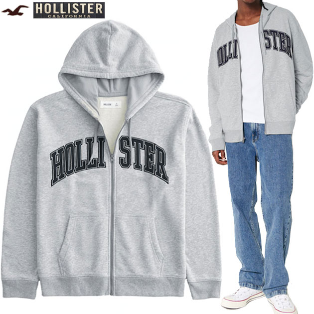 ホリスター パーカー Hollister 正規品 メンズ 上質 中厚手 春のジップアップフーディー ソフトフリース スウェット ソフトテリー裏地 ビックロゴアップリケ ライトアウター アメカジ 大きいサイズ 【ヘザーグレー】即日発送 送料無料