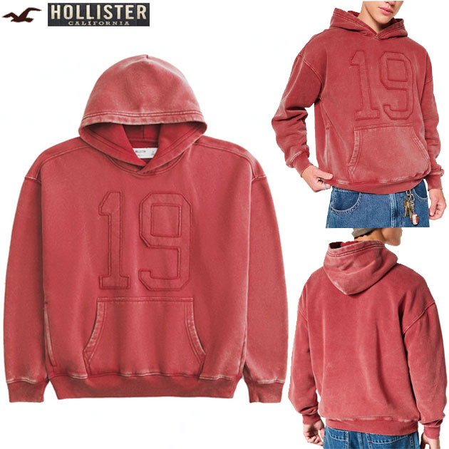 ホリスター パーカー 正規品 メンズ L / XL(LL) 大きいサイズ 上質 スーパーソフトフリース スウェット 裏起毛 ハードウォッシュ加工 ビックナンバーアップリケ ボクシーシルエット ドロップショルダー アメカジ 【ウォッシュドダークレッド】HOLLISTER 即日発送