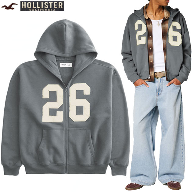 ホリスター パーカー 正規品 メンズ L/XL 大きいサイズ 上質 スーパーソフトフリース スウェット ジップパーカー 裏起毛 ダメージビックナンバーアップリケ ボクシーフィット ドロップショルダー アメカジ 【ウォッシュドグレー】HOLLISTER 即日発送