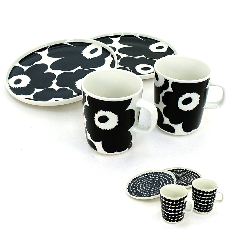 マリメッコ marimekko ブレックファースト2PCSセット マグカップ2個&times;プレート2個 ブラック&times;ホワイト 【MAK71605-190：RASYMATTO】【MAK71606-190：UNIKKO】 専用BOX付き ギフト プレゼント｜ナナパージュ