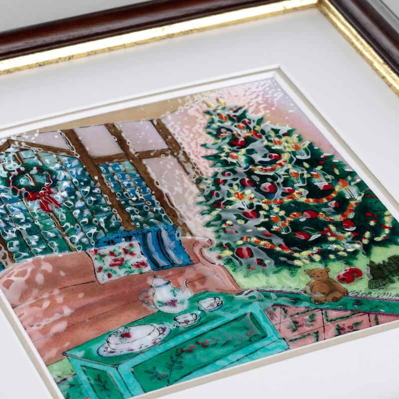 クリスマスの部屋 七宝焼 絵画 アートフレーム プレゼント 贈り物 額 水彩 ガラス 工芸|七彩工房