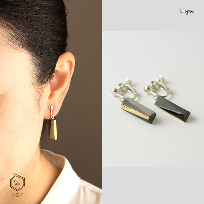 Ligne [リーヌ] M黒 イヤリング【美濃焼 Re.Juile 陶芸作家 駒井香文 ジュエリー作家 un plus 小川夏都代 やきもの 陶器 陶磁器 タイル アクセサリー ハンドメイド ジュエリー】｜七窯社