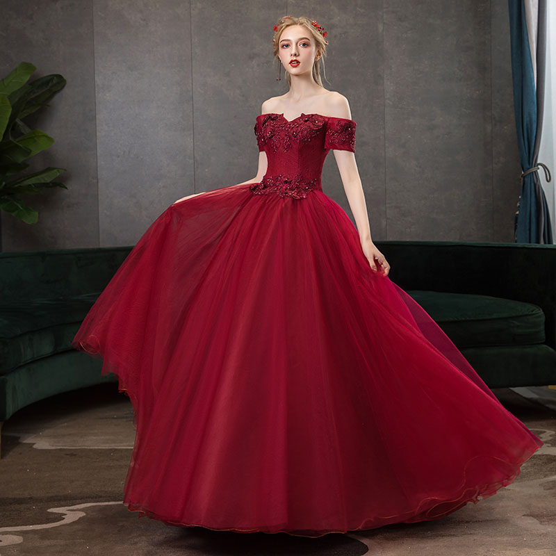 色つや御召しもの 赤 プリンセスラインドレス ロング御召しもの オフショルダー 上演 御召しもの 掻き鳴らす会用御召しもの 赤いこと 晴れ晴れしい 成年者式 ウ