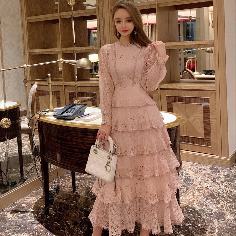 パーティードレス ドレス 長袖 クルーネック シースルー ロ 送料無料 ティアードワンピース レース ウエスト切り替え ワンピース