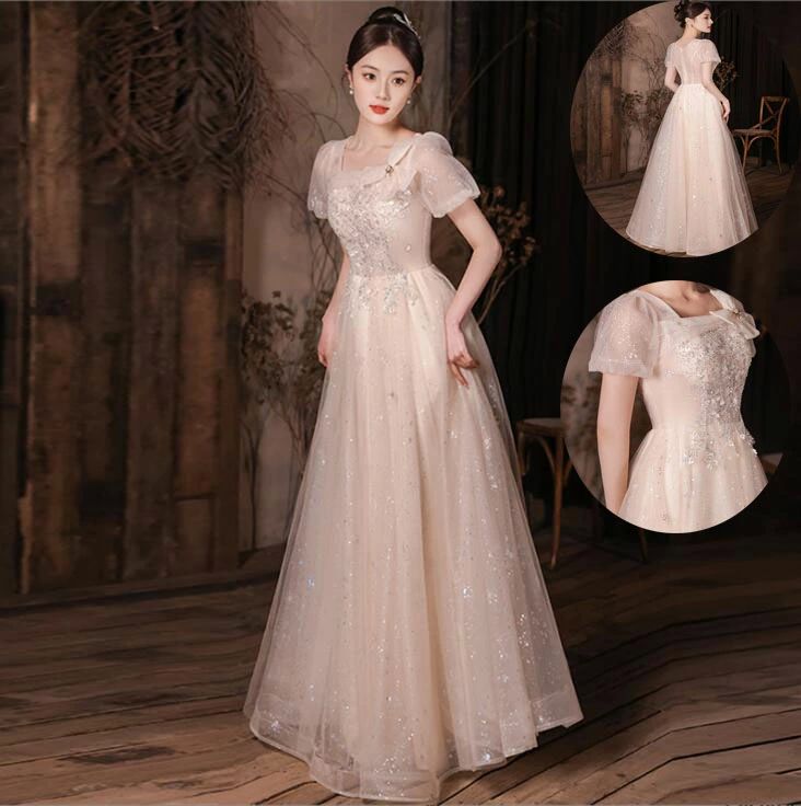 半袖 高級感 花嫁の介添え人 ロングドレス パーティードレス ドレス 結婚式 洋服 プリンセスライン 韓国風 ロング丈ワ 忘年会