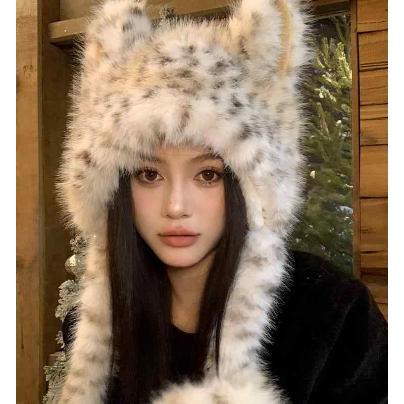 楽天市場】ファー帽子 ヒョウ柄 もこもこ キャップ 毛皮風 マフラー付