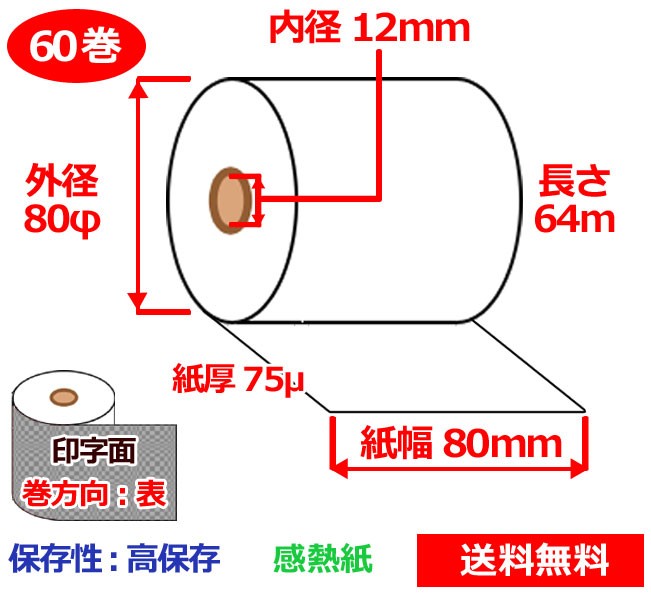 感熱ロール紙 80mm&times;80mm&times;12mm 75μ 60巻 高保存 サーマルロール紙 レジロール 感熱レジロール紙 送料無料｜なんでもネット247