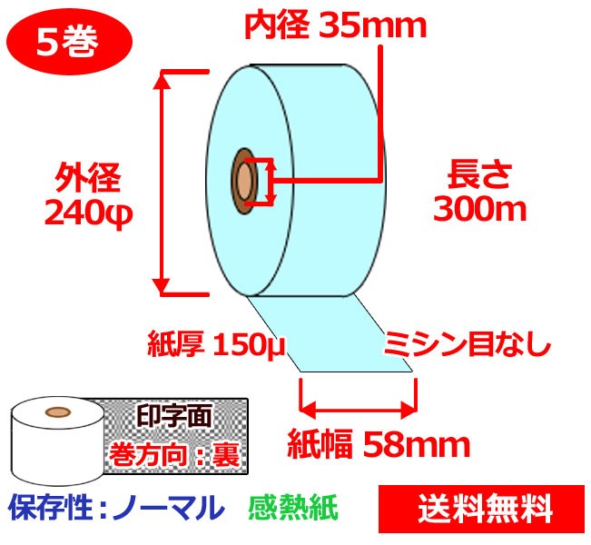 販売 券売機用感熱ロール紙 58mm×300ｍ×35mm 150μ 5巻 青 サーマルロール紙 チケット用紙ロール 送料無料 fucoa.cl