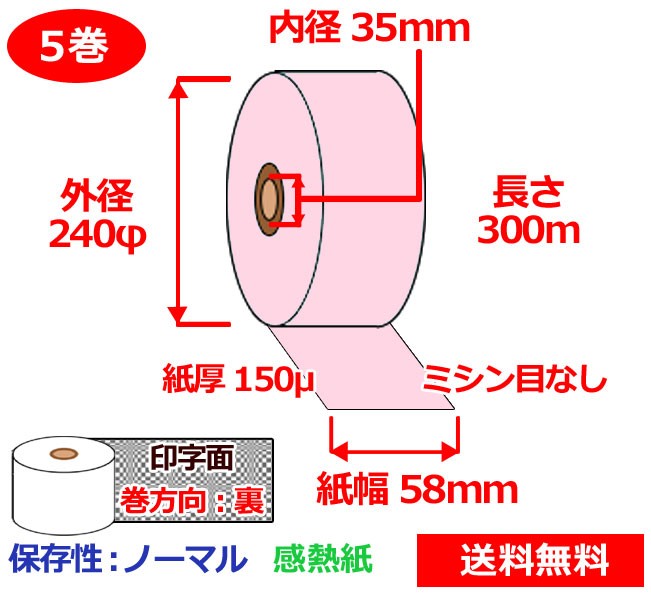 新素材新作 券売機用感熱ロール紙 58mm×300ｍ×35mm 150μ 5巻 ピンク サーマルロール紙 半券チケット用紙ロール 送料無料  fucoa.cl