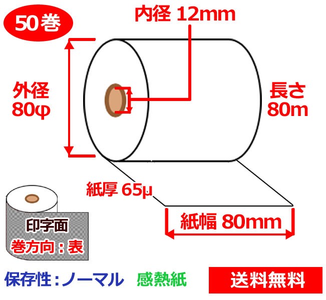 感熱渦状文紙 80mm×80mm×12粍 65μ50巻 サーマルロール紙 金銭登録器渦状文 感熱金銭登録器渦状文紙 貨物輸送無料