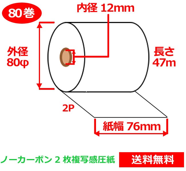 ノーカーボン複写感圧紙ロール 76mm&times;80mm&times;12mm 80巻 送料無料｜なんでもネット247