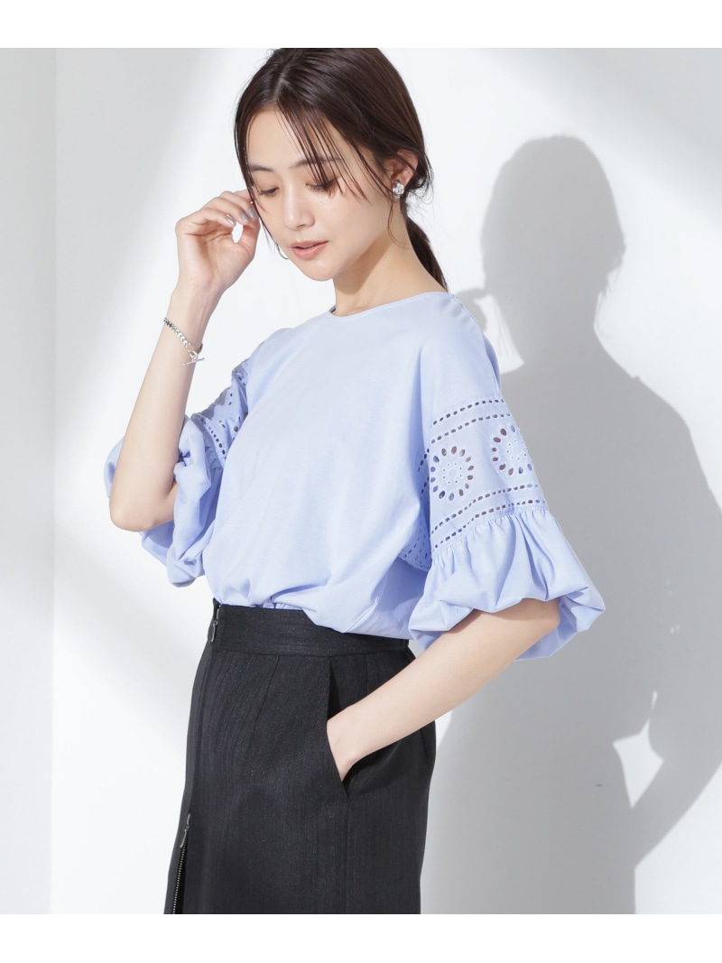 【SALE／20%OFF】お花柄レース切替バルーンスリーブカットトップス NANO universe ナノユニバース トップス カットソー・Tシャツ パープル ブラック ホワイト【RBA_E】【送料無料】[ Fashion]