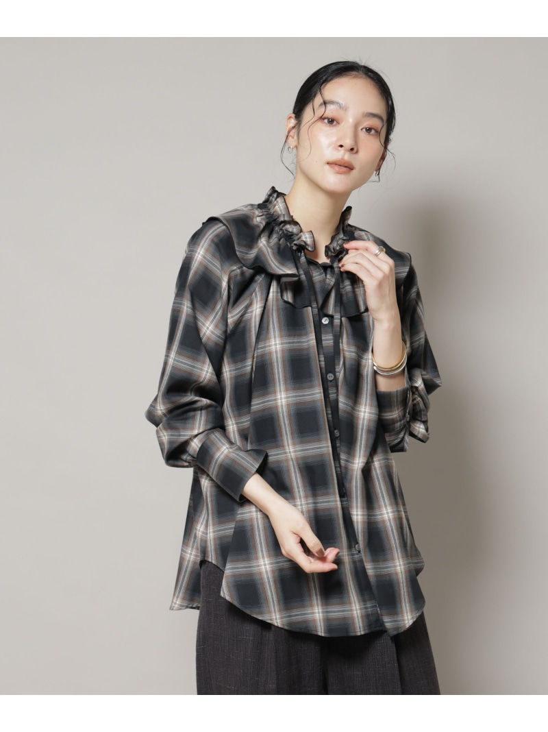 【SALE／30%OFF】オンブレーチェックフリルカラーブラウス NANO universe ナノユニバース トップス シャツ・ブラウス ブラック ホワイト【RBA_E】【送料無料】[ Fashion]
