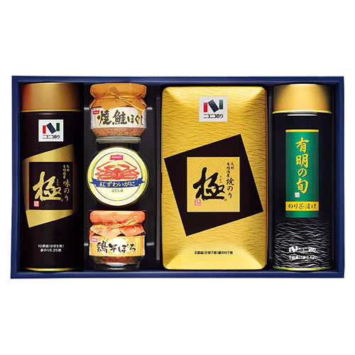 ニコニコのり 焼のり・味のり・茶漬け・カニ缶・瓶詰詰合せ (味のり丸缶・焼のり半裁缶・のり茶漬け缶・紅ずわいがにほぐし身・焼鮭ほぐし瓶(22533605) 取り寄せ商品