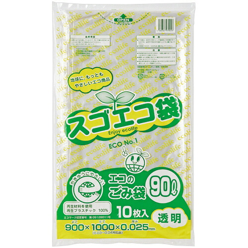 野添産業 スゴエコ袋(再生) 透明 90L 厚さ0.025mm 1セット(300枚:10枚×30パック)(4560367979013 x30) 取り寄せ商品