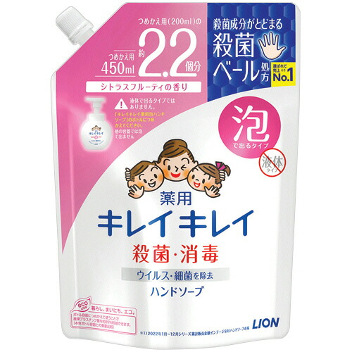 ライオン LION キレイキレイ 薬用 泡ハンドソープ シトラスフルーティ 詰替用大型 450mL 1セット(16パック)(4903301176862 x16) 取り寄せ商品
