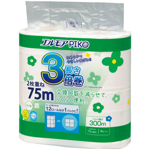 カミ商事 エルモア ピコ 3倍巻トイレットロール 花の香り ダブル 75m 1セット(48ロー(4971633163294 x12) 取り寄せ商品