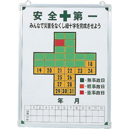 日本緑十字社 無災害記録表 安全第一・無事故日 600&times;450mm スチール製 1台(229600) 取り寄せ商品｜ナノズ　店