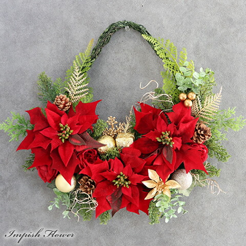 商品名【華】Xmas！♥真っ赤なポインセチアとローズのスワッグリース✳ 冬リース 商品名【華】Xmas！♥真っ赤なポインセチアとローズのスワッグ