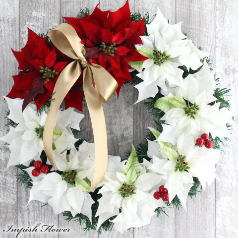 クリスマスリース ポインセチア 45cm 玄関 おしゃれ 造花 豪華 人気 北欧