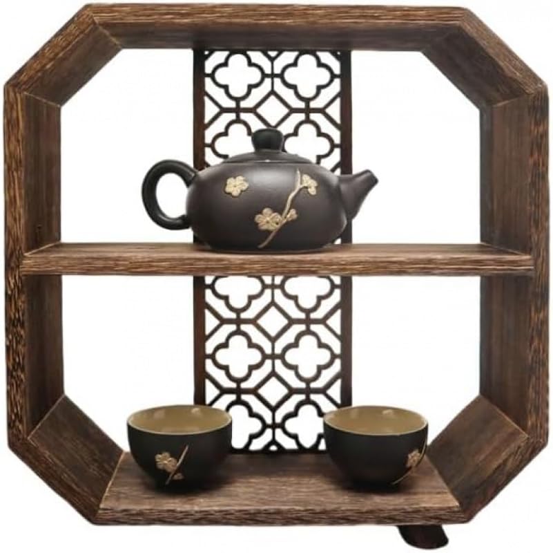 和風 収納家具 桐純乎たる材 透かし彫り 木材仕合わせ 茶器棚 ティーポット納める 開けっ広げ仕合わせ 八角形 木製 卓上棚 取り片づける棚 言い慣わし芸術 中国茶 煎茶 盆栽台 花台 室内装飾 アンティーク調 レトロ 今めかしい 部屋の入り口 床の間 リビング 納める 貝殼