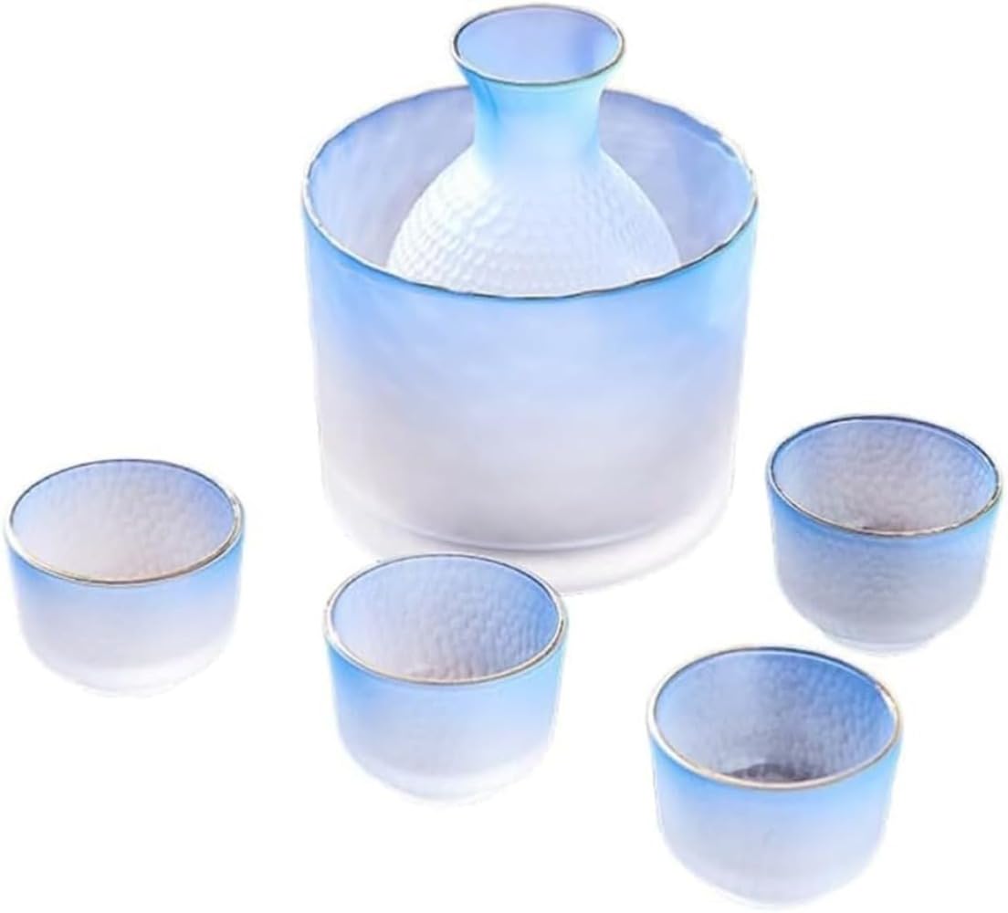 冷酒器 仕掛ける 瑠璃 酒器仕掛ける 徳利 1点 盃 4点 外釜 1点 6点仕掛ける 耐熱瑠璃 氷入れ 300ml 日本酒 日本酒 強い酒 お酒 冷酒 燗酒 温燗 槌目飾りつけ 手作り風 飛び切り感 今めかしい 和今めかしい 晩酌 身寄り用 赤ちょうちん かまい付ける 差し上げ物
