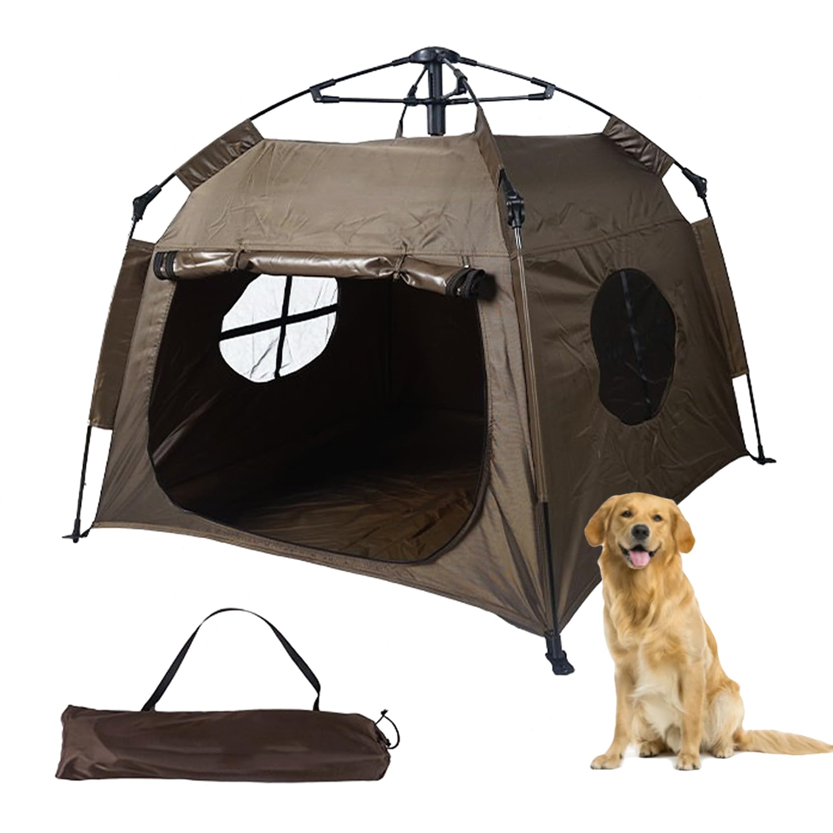 ペットテント ワンタッチ 109cm&times;109cm 大型犬 中型犬 多頭飼い 折りたたみ ペットサークル キャンプ アウトドア ケージ 簡易 室内 屋外 撥水 通気性 メッシュ窓付 コンパクト収納 防災 避難用 持ち運び 快適 ダークブラウン｜NeoMart