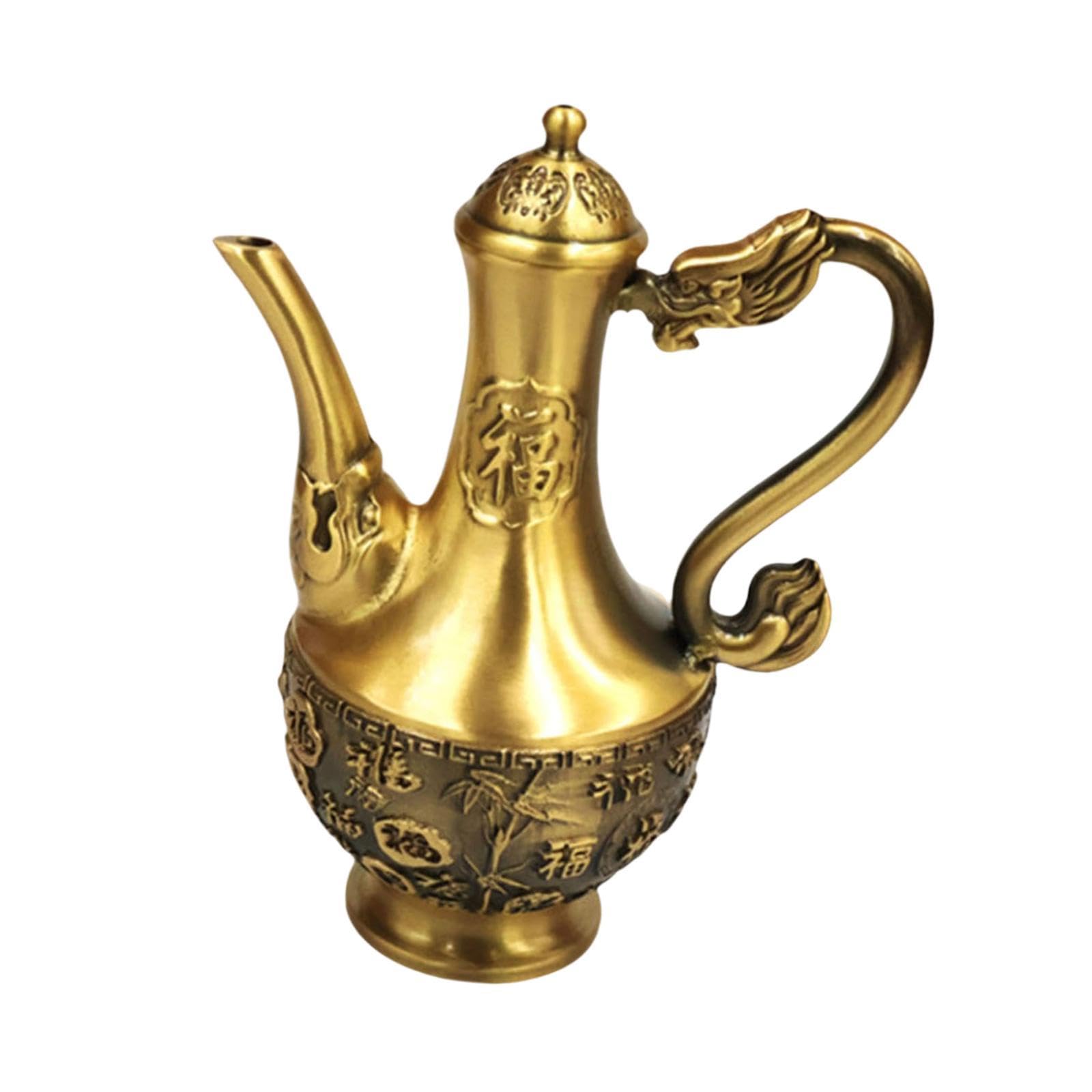 金管楽器製 水注 ポット 龍手持ち部分 福の字 刻みつける かざり付ける ティーポット 酒器 中国芸術品 風水 飾りつけ オブジェ 室内装飾 縁起物 レトロ アンティーク 卓上 飾りつけ 屋内 上の間 執務室 差し上げ物 儀式用 差し上げ物 鳳凰 竹飾りつけ