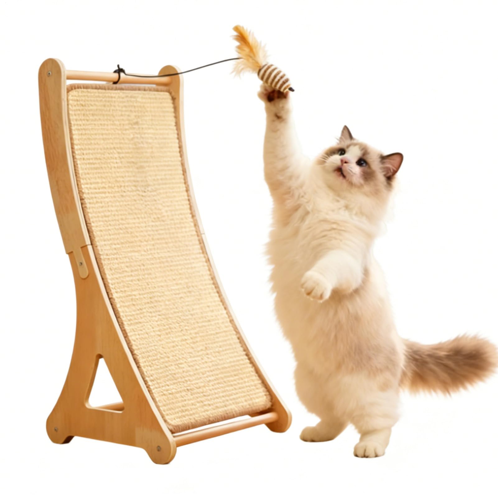 猫 爪とぎ 立てかけ式 木製 猫用 スクラッチボード 高密度 麻 縦型 爪研ぎ 木目調 ストレス解消 運動不足解消 家具保護 おもちゃ 羽 鈴付き キャットトイ インテリア おしゃれ 安定感 省スペース 子猫 成猫 プレイコーナー リビング｜NeoMart