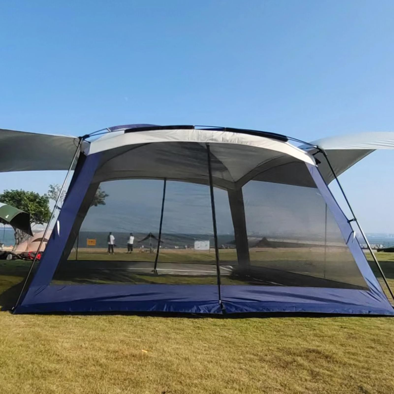 スクリーンタープ 365cm メッシュテント 大型 虫除け 蚊帳テント 4面ドア 通気性 日除け サンシェード キャンプ アウトドア レジャー ピクニック 運動会 ビーチ 公園 365×365×235cm ネイビー ブラウン|NeoMart