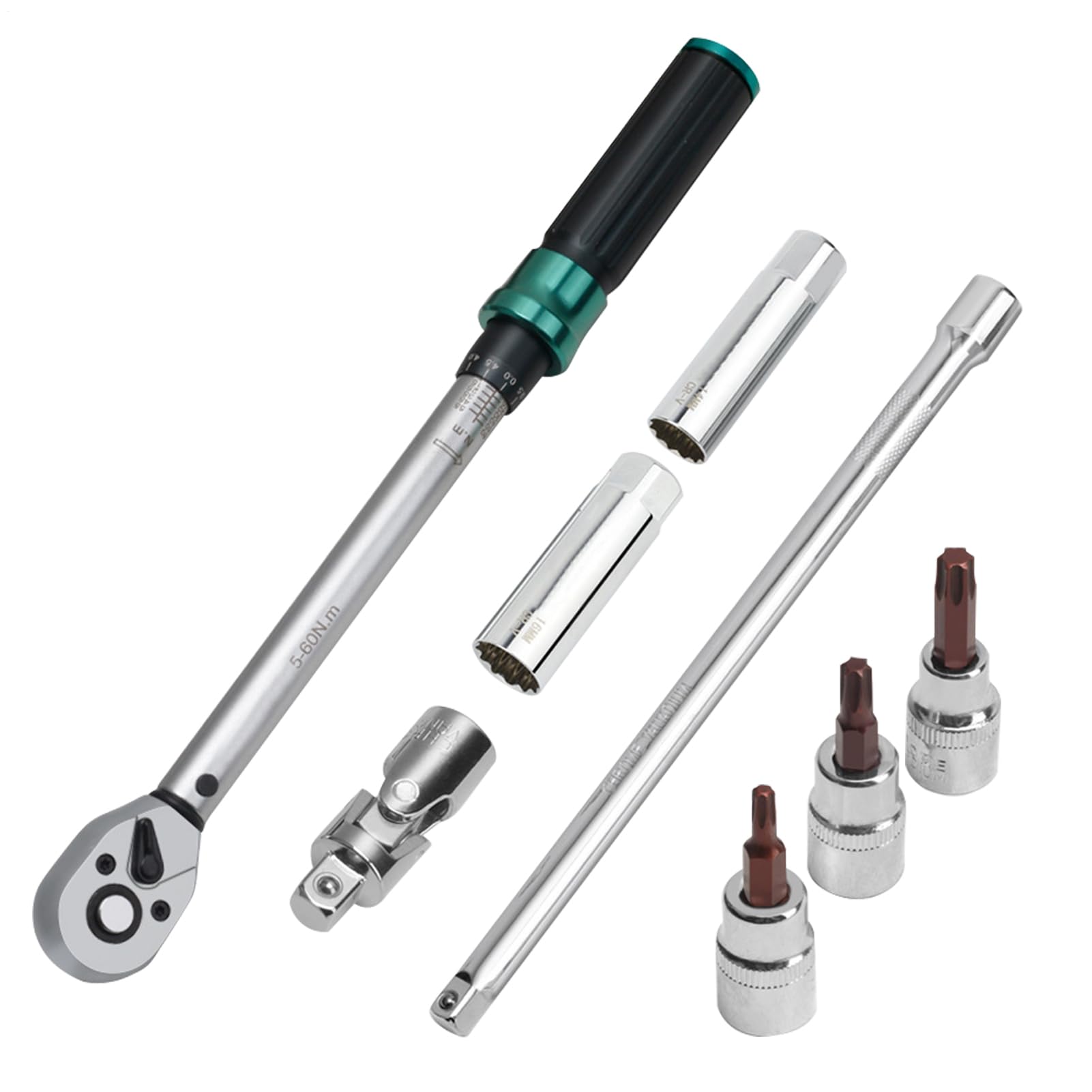 トルクレンチセット 5-60N.m 3/8in 差込角 プリセット型 ぴかぴか光る繋ぎ取り替えっこ 手道具仕掛ける Crバナジウム鋼 ソケット付き添い人 車 検査と修理 DIY