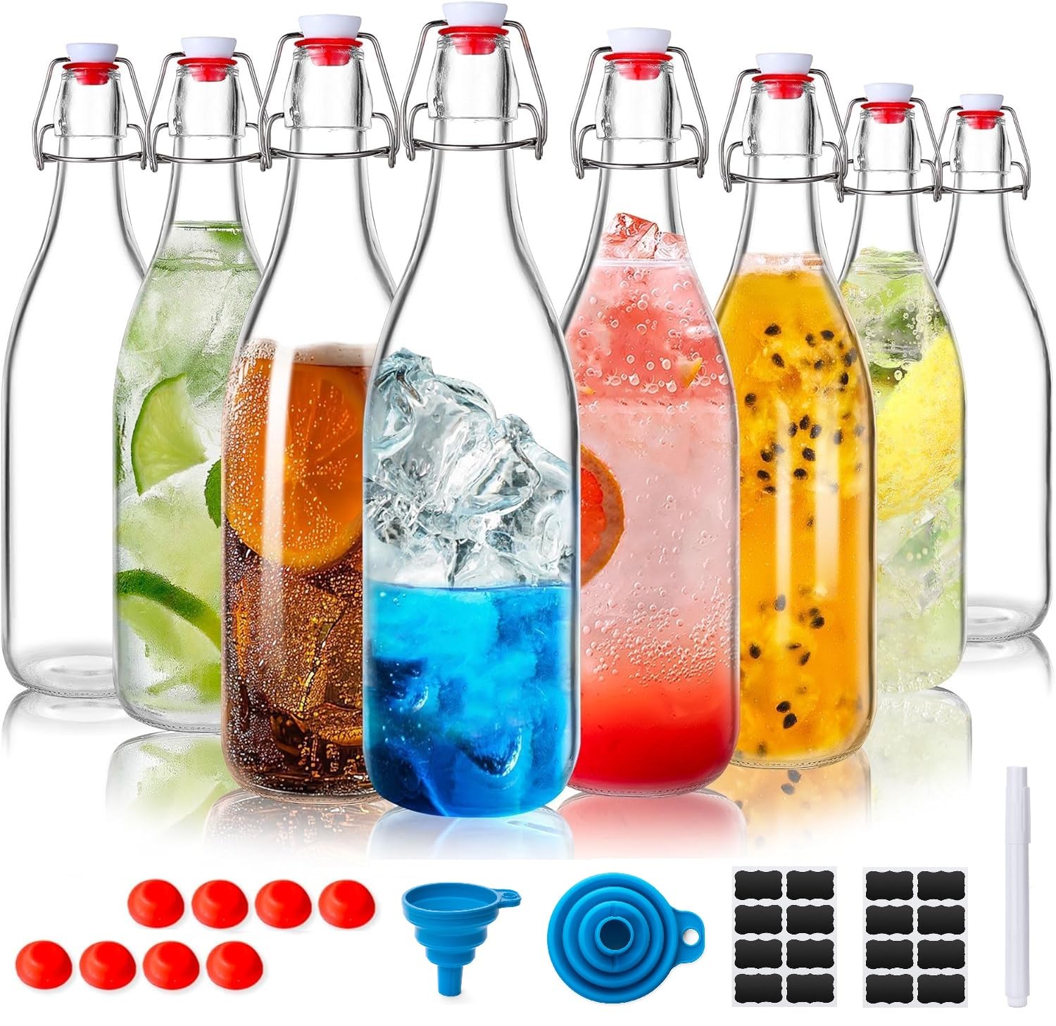 スイングトップ ガラスボトル 500ml 8本セット 保存瓶 密閉容器 ガラス瓶 瓶 コンブチャ 醸造瓶 果実酒 作り置き キッチン用品 漏斗・ラベルシール付き｜NeoMart