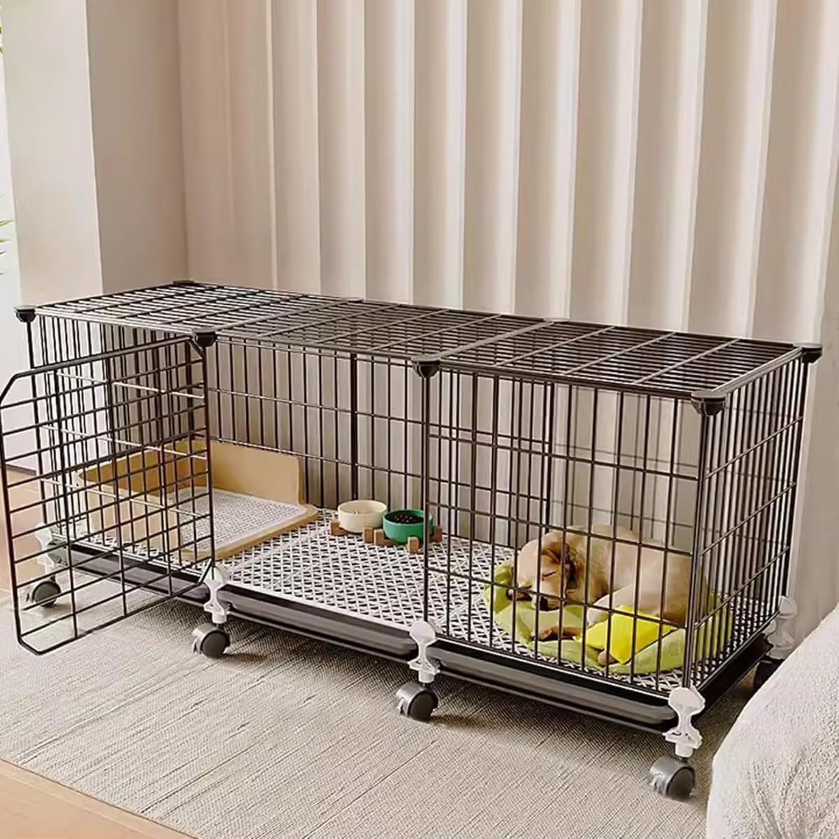 ペット ケージ 犬 猫用 室内 小型犬 中型犬 子猫 サークル トイレ一体型 車輪 フットパッド付き 多用途 使いやすい (109*47*47)|NeoMart