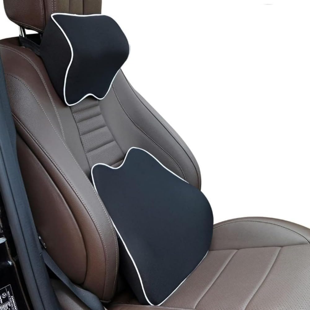 腰痛対応の車用クッション 背もたれ、ヘッドレストランバーサポート、腰当て、ネックパッドを有する 通気性が高く 調節可能で洗える 車やオフィスチェアに適用できる (黒と白)|NeoMart
