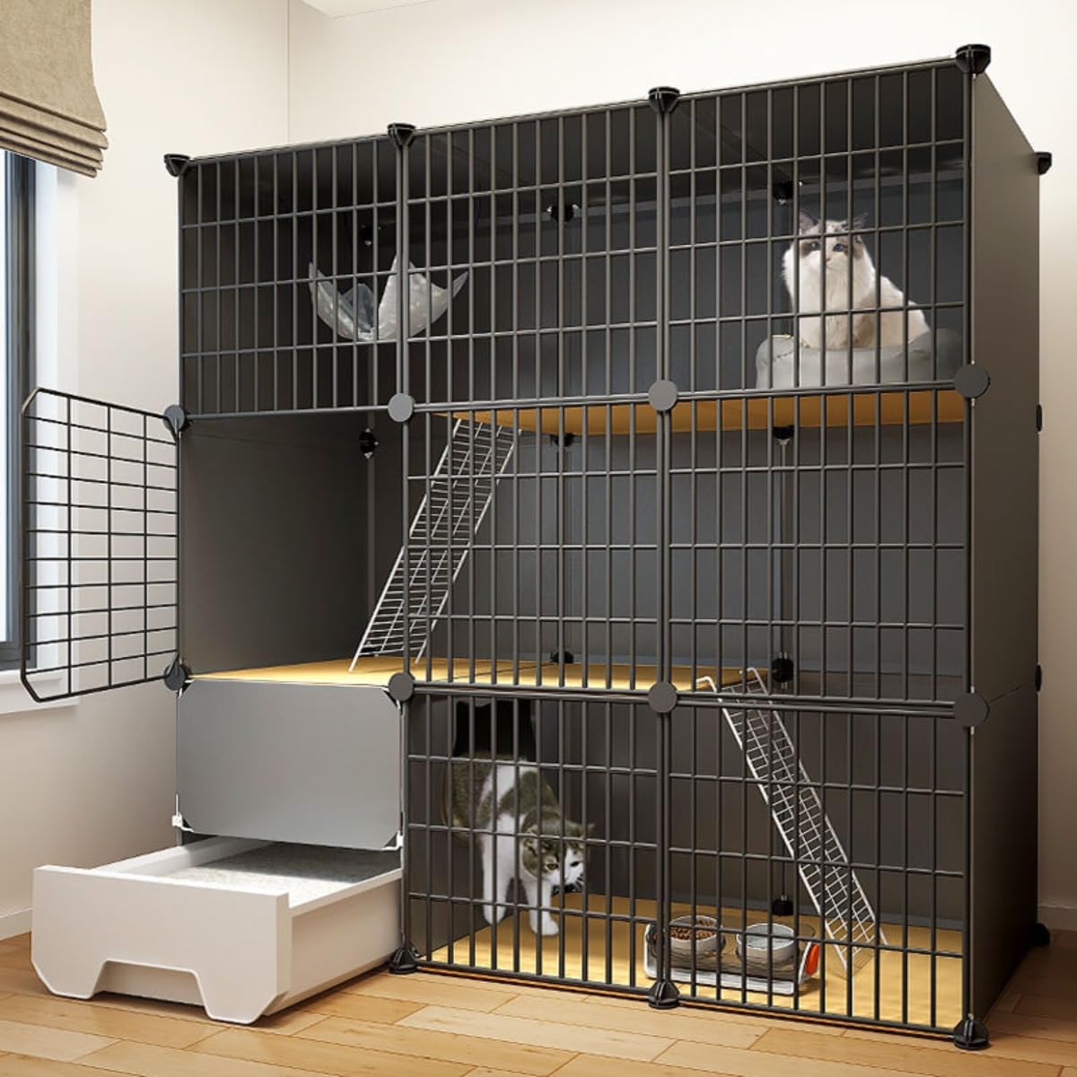 猫ケージ 3段 トイレ付き 多頭飼い用 猫用ゲージ 運動サークル|子猫・小動物対応 折りたたみ式 大型キャットケージ 室内飼い用 安全設計 1-3匹対応 (2列2段75*49*73)|NeoMart