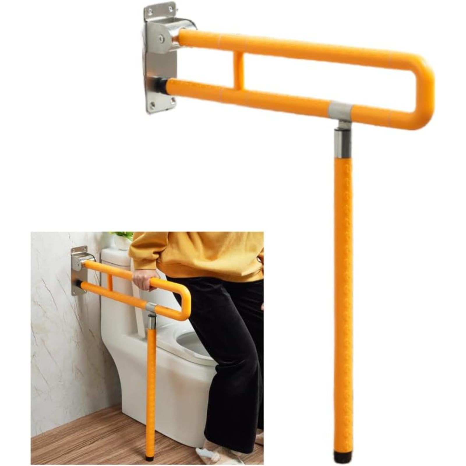 トイレ安全手すり、滑り止め折りたたみ式、ステンレス鋼手すり、バスルームサポートハンドル、高齢者手すりトイレ壁掛け (オレンジ色,サポートがある)｜NeoMart