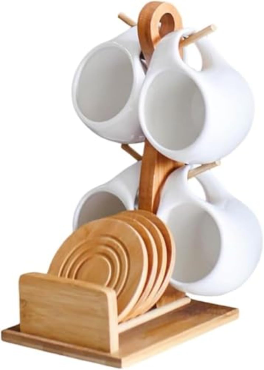 エスプレッソカップセット 磁器 コーヒーカップ＆ソーサー 木製コースター付き 陶器 カプチーノ ラテ マキアート 紅茶用 ギフト プレゼント ドリンクウェア (4個セット)｜NeoMart