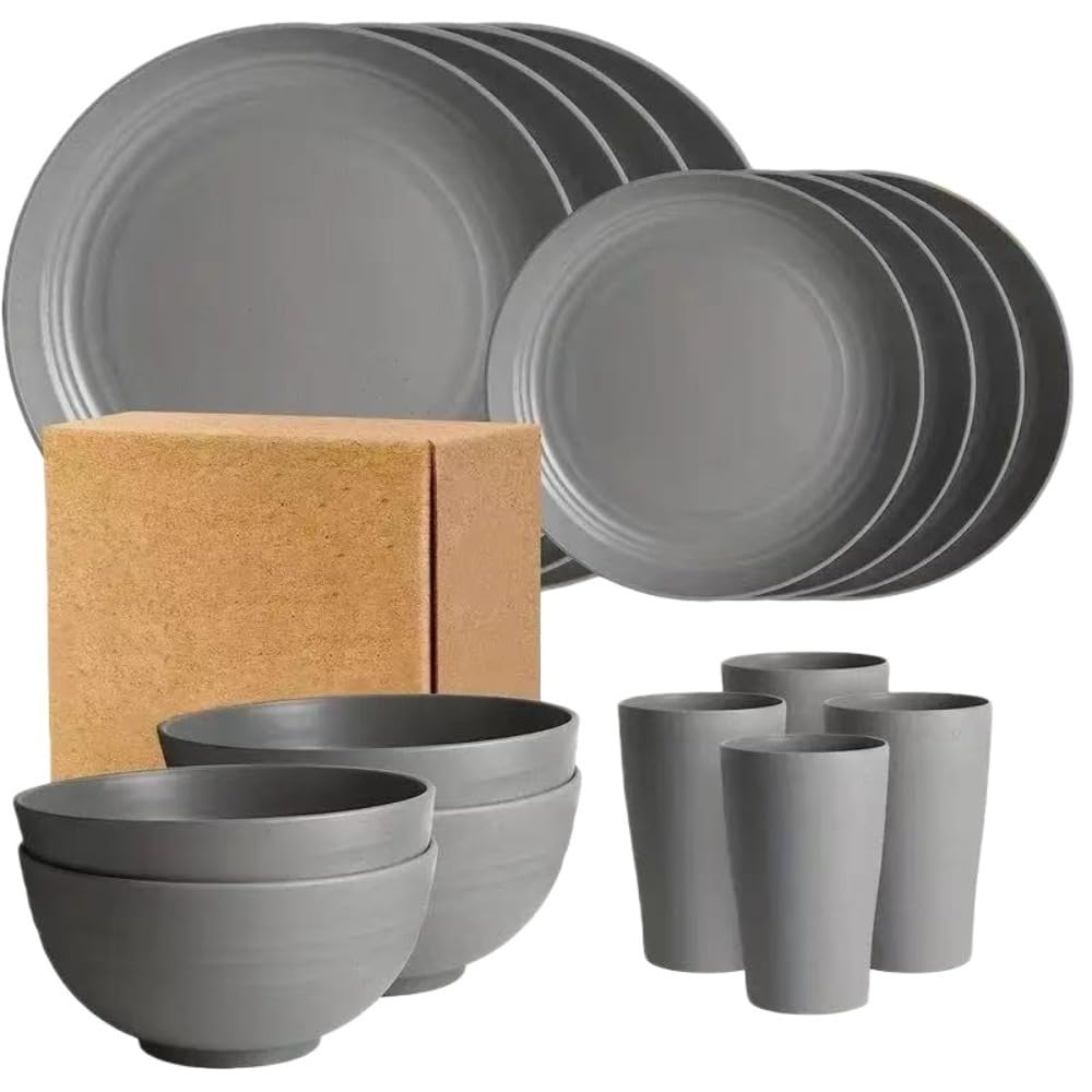 ピースのボウル カップ プレートセット 純黒の食器セット プラスチック製のディナープレートとウォーターカップセット 16ピースの飛散防止ディナープレートセット 食器は再利用可能で耐久性があります おしゃれ (灰色)|NeoMart