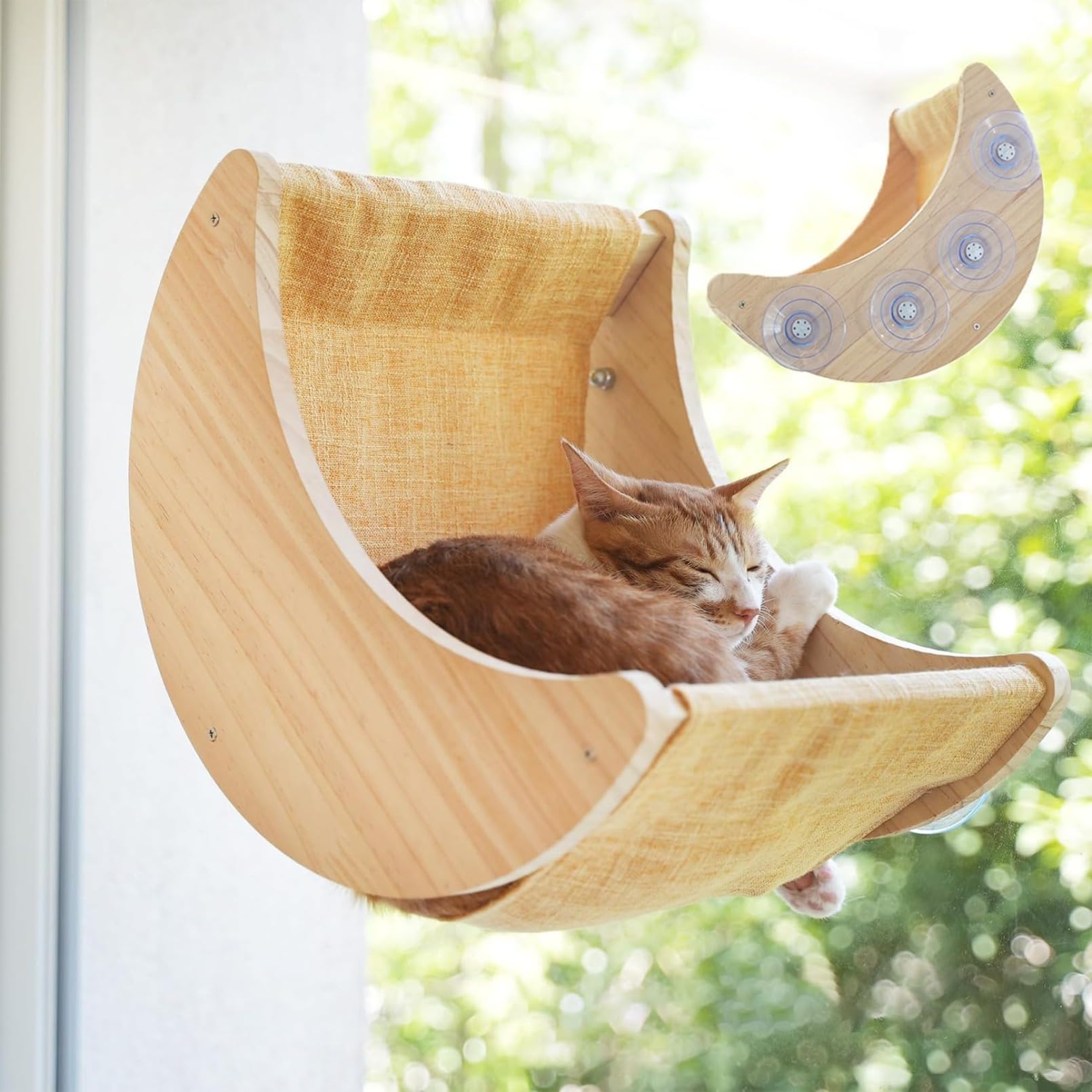 猫 窓用ハンモック 強力吸盤固定式 夏用 猫 ハンモック 窓際見晴らし台 大型 耐用 安定 屋内猫窓ベッド 木製 省スペース 組立簡単 月型棚 洗える 取り外し可能なマット ストレス解消 日光浴 睡眠・小鳥観察用|NeoMart