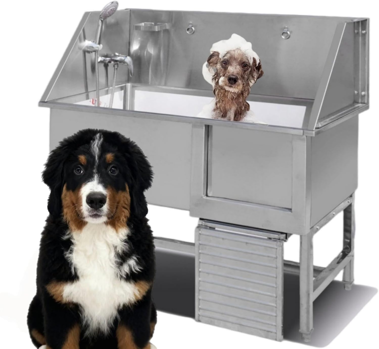 犬用グルーミングバスタブ ペットバス ドッグバス 大型犬 ステンレス鋼素材 厚い手 伸縮式はしご付き スライドドア付き シャワーヘッド付き 石鹸箱付き 耐久性 頑丈 広いスペース 組み立て簡単 掃除が簡単 浴槽 ペット犬入浴ステーション ペットショップ 家庭用洗濯シンク ()|NeoMart